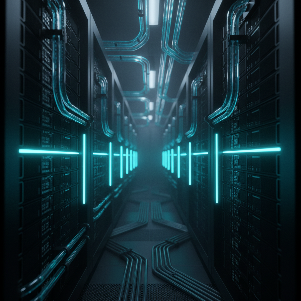 AI/ML R&D — GPU server rows illuminated by teal LED strips in a high-performance computing facility
