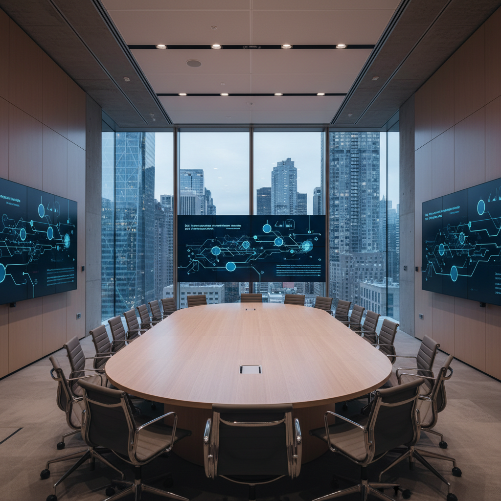 Government capacity-building — modern multilateral executive conference room with digital governance displays